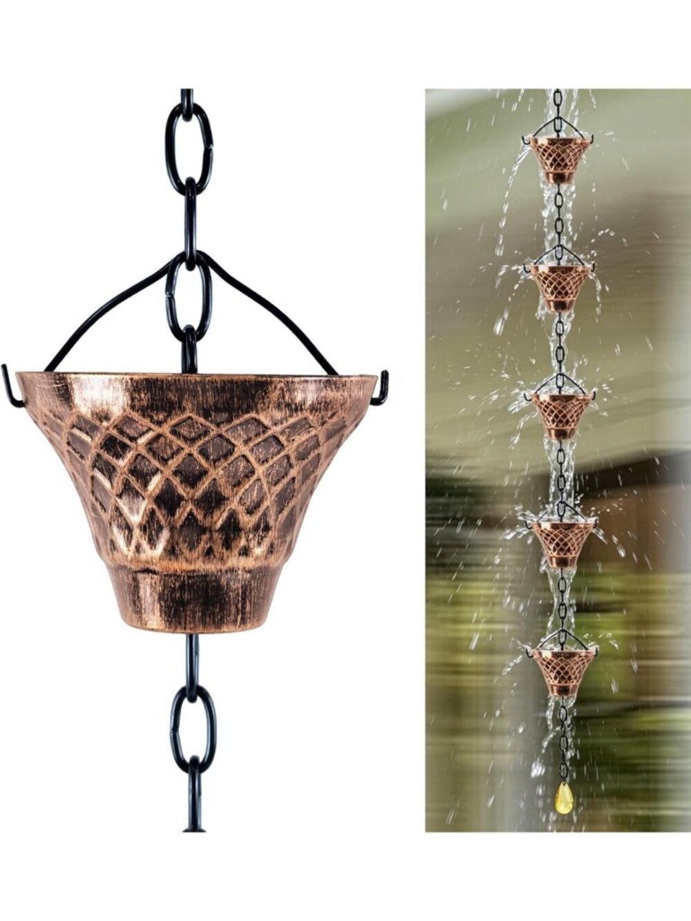 8.5FT Decorative Rain Chain - Metal Cup Rainwater Diverter for Garden Decor